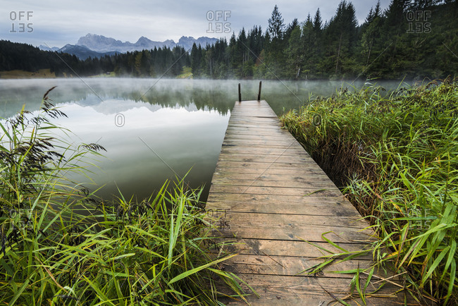 An old wooden jetty between reed in a small mountain lake, in the background fog and the Karwendelgebirge (mountains).