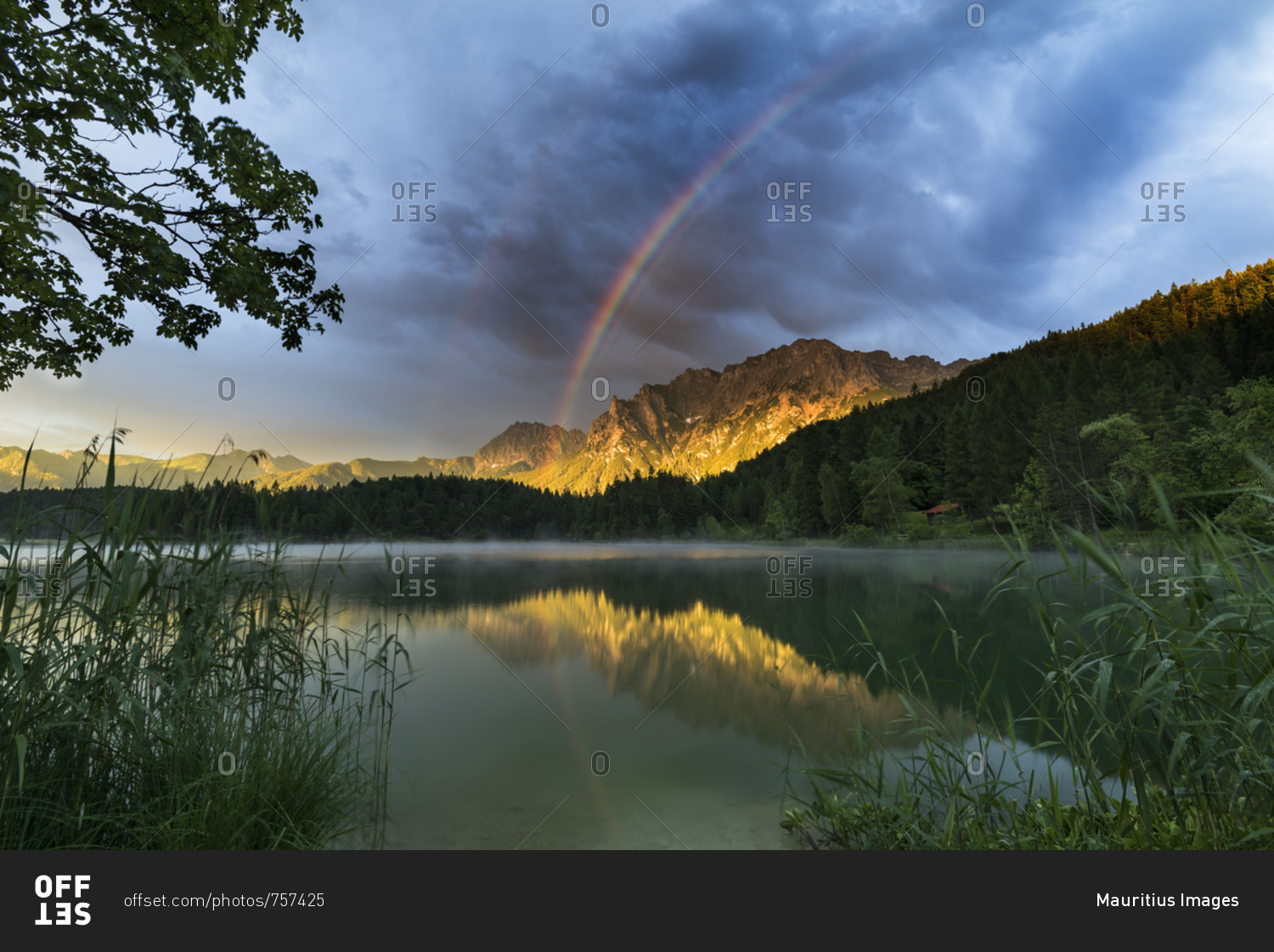 A rainbow in the golden evening light. Alpenglow at the western side of Karwendel (mountain) (mountain) over Mittenwald illuminate the mountains, while in foreground fog from the Lautersee (lake) rises up