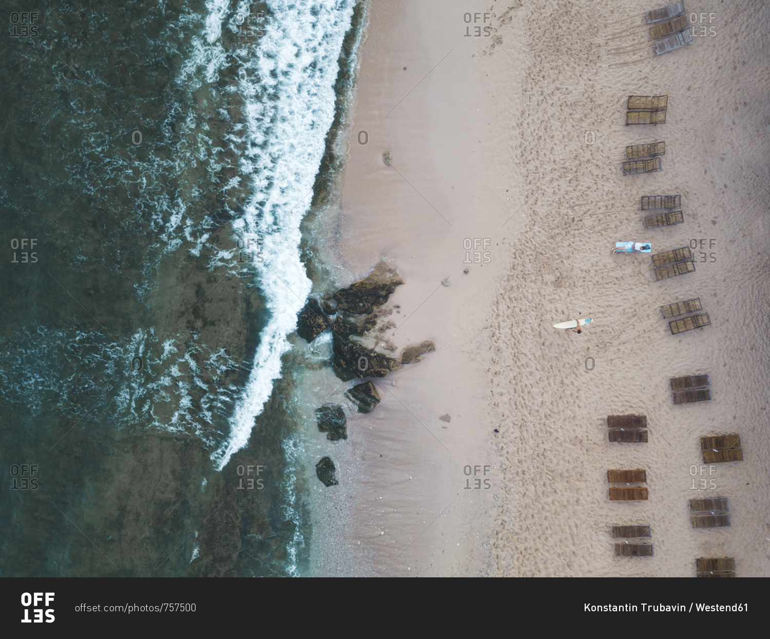 Indonesia- Bali- Aerial view of Balangan beach- empty beach loungers from above