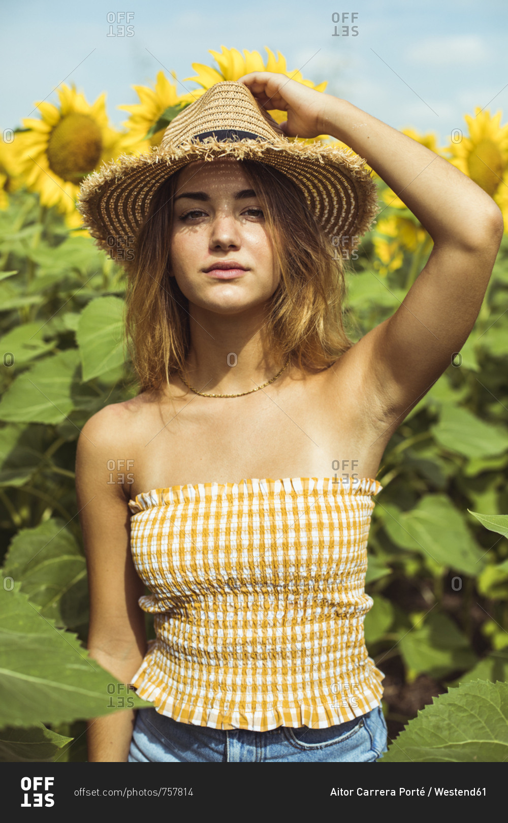 Young woman holding a straw hat on her head in a field of sunflowers