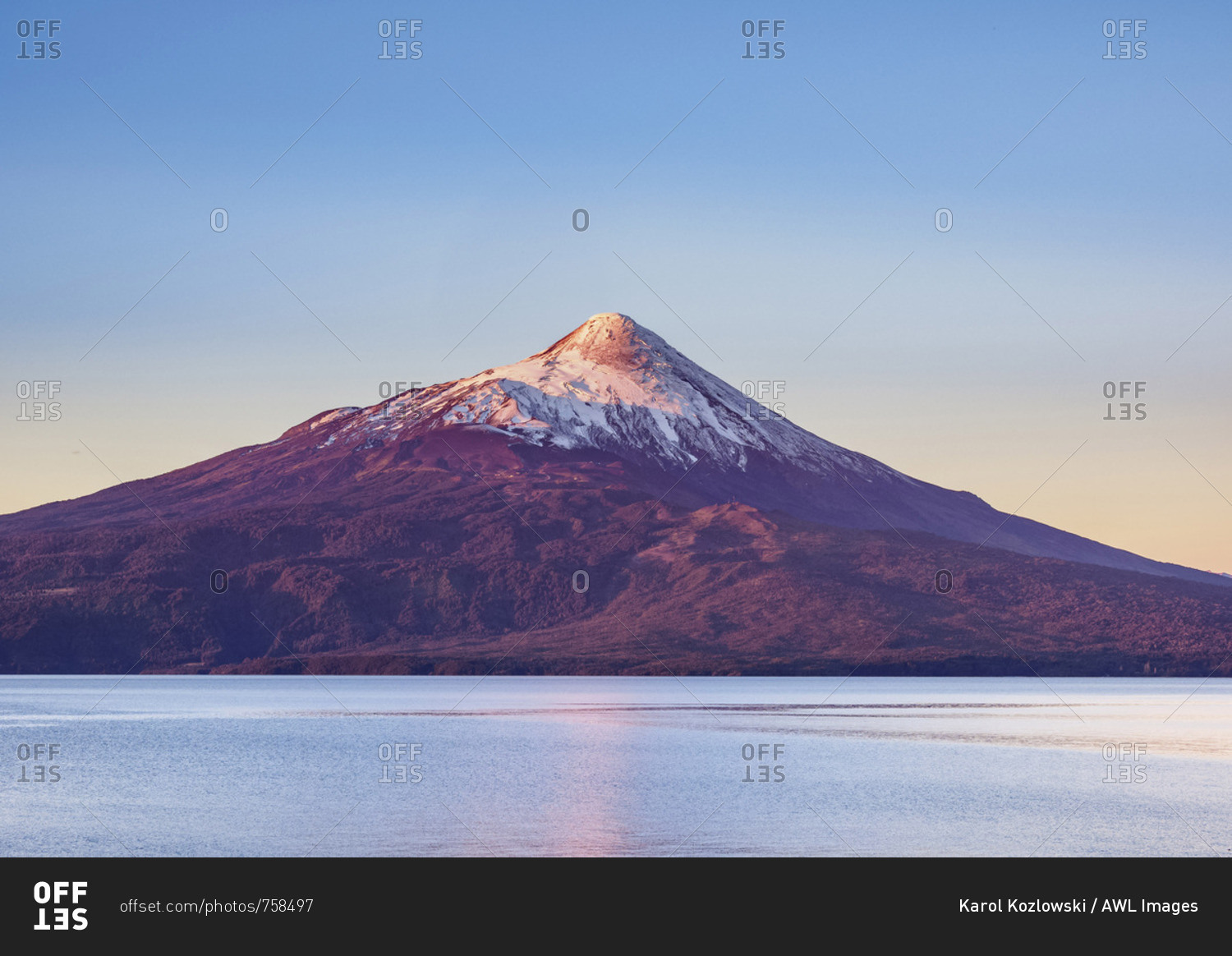 Osorno Volcano and Llanquihue Lake at sunset, Llanquihue Province, Los Lagos Region, Chile