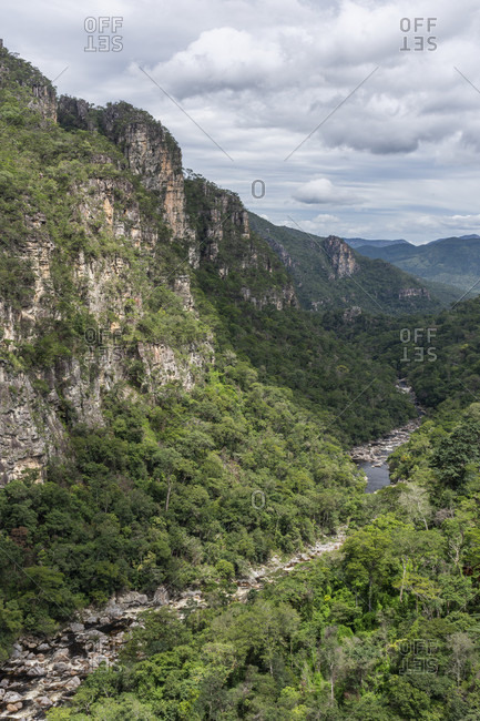 Beautiful natural scenery with river and cerrado vegetation seen from Mirante da Janela peak in Chapada dos Veadeiros, Goias, Brazil