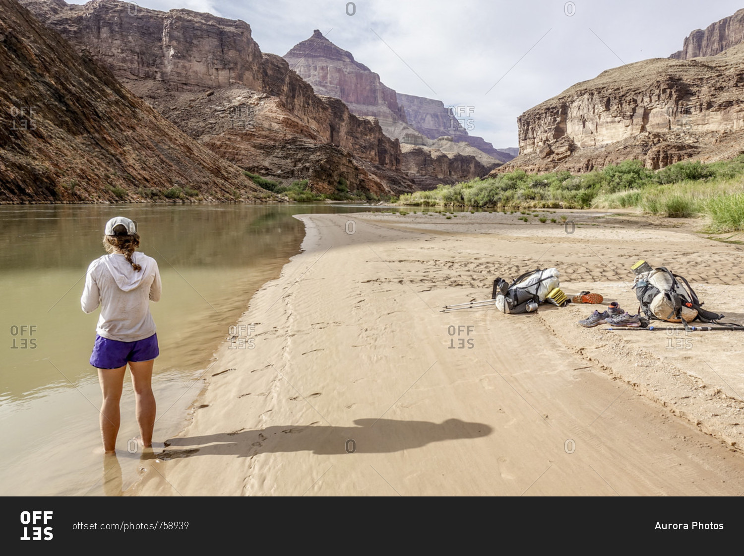 Taking break from hot day of hiking in Grand Canyon, young woman cooling off with her feet immersed in Colorado River, Grand Canyon, Arizona, USA
