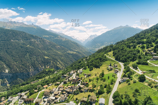 Aerial view of Swiss village close to Sion at Italian part of Switzerland, Sion, Valais, Switzerland