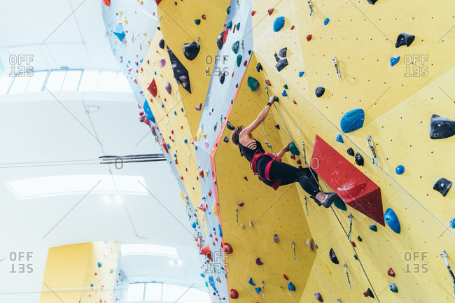 Young man preparing himself in a climbing gym - preparation, concentration, sportive concept