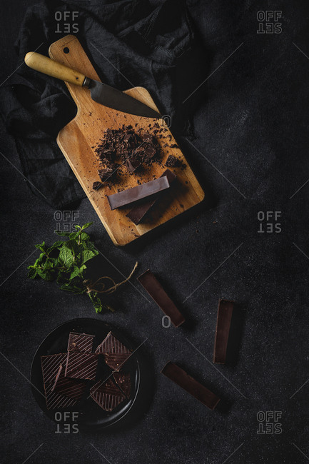 Top view of Chocolate with mint on a table