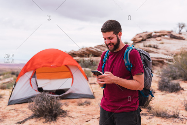 Traveler using smartphone