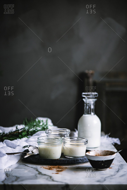 Jars with custard and chocolate desert