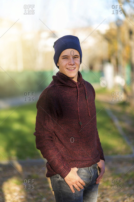 Portrait of a young male outdoors wearing casual attire