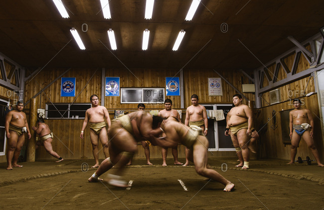 Japan, Niigata - October 25, 2017: Men looking at wrestlers practicing wrestling in sumo beya