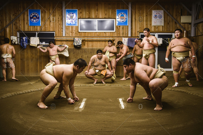 Japan, Niigata - October 25, 2017: Men looking at sumo wrestlers wrestling in beya