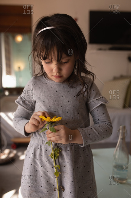 Innocent girl holding a flower at home
