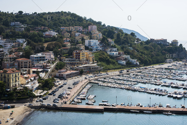 Agropoli, Italy - July 25, 2018: View of port along the Cilento Coast in Salerno, Italy