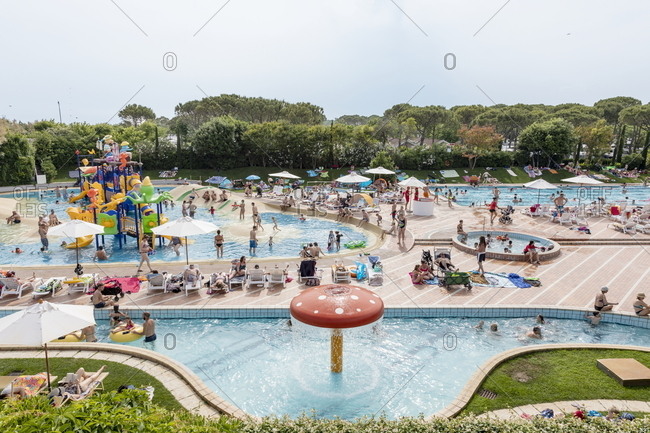 Venice, Italy - May 30, 2018: Swimming pools at Union Lido luxury resort in Punta Sabbioni