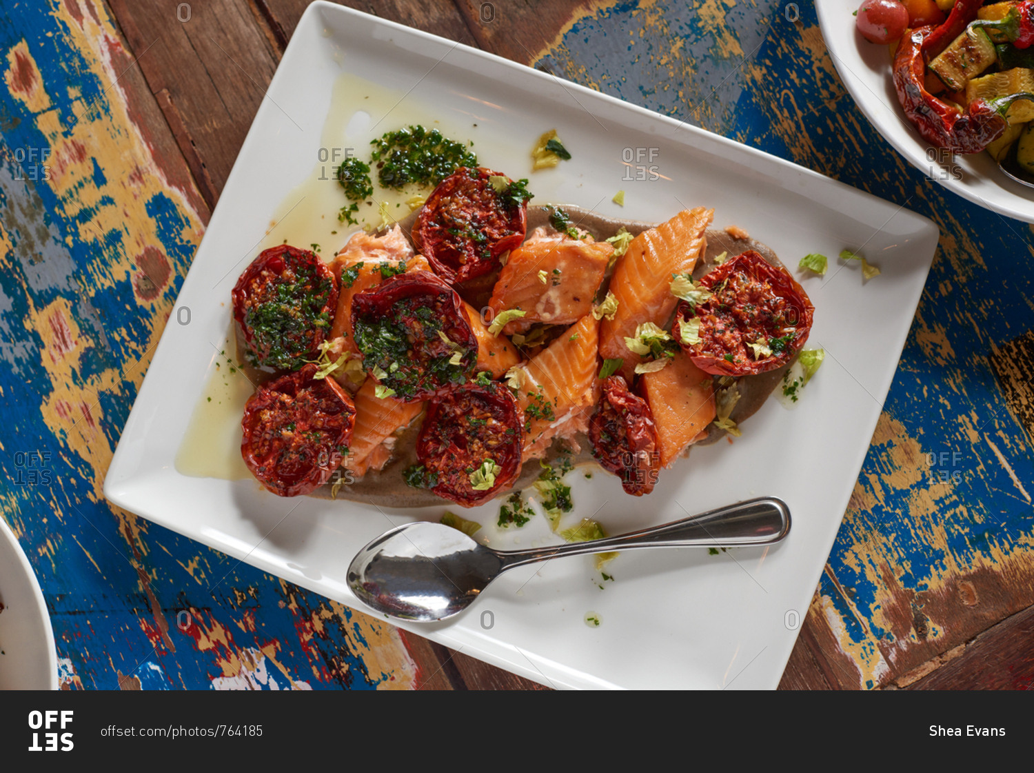King Salmon portioned into diamond shapes served with grilled tomatoes, chimichurri, celery leaves and an eggplant puree, featured on a square plate on a colorful surface.