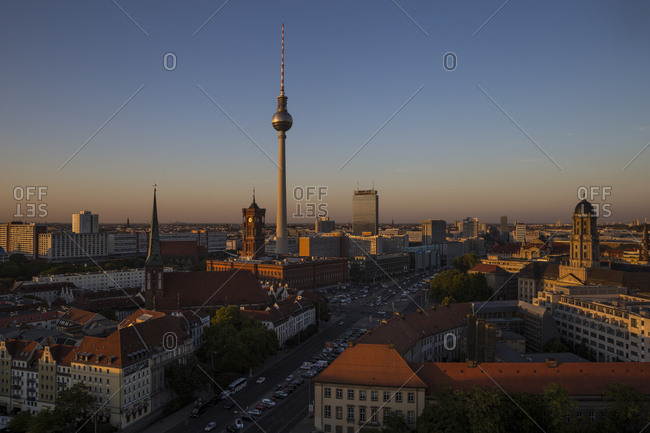 September 18, 2018: View at dusk from the Fischerinsel towards Alexanderplatz in Berlin, Germany.