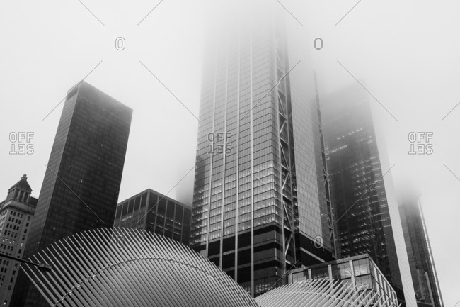 New York City - USA - Oct 8 2018: Architecture close-up of  World Trade Center during foggy morning in Lower Manhattan New York United States