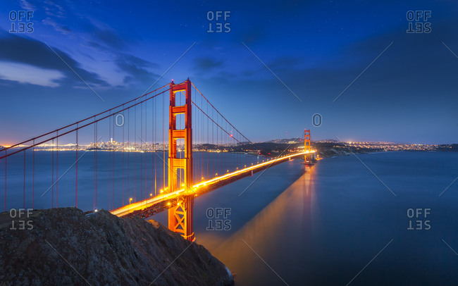 View of Golden Gate Bridge from Golden Gate Bridge Vista Point at night, San Francisco, California, United States of America, North America