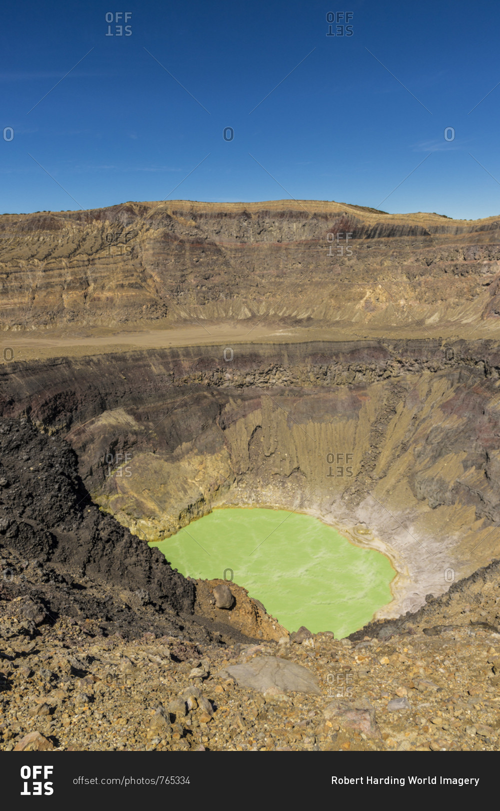 A view of the volcanic crater and colourful crater lake on Santa Ana Volcano in Santa Ana, El Salvador, Central America
