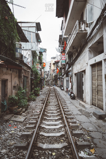 Hanoi, Vietnam - October 18, 2018: Train street through the Old Quarter