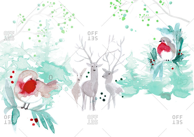 Forest with deer and birds