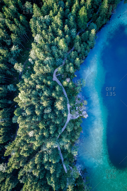 Hintersee, Germany - August 31, 2017. Aerial view at lake Hintersee, a colourful mountain lake in Ramsau in the Bavaria region.