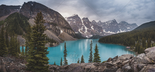 Scenic landscape with Moraine Lake and mountains of Canadian Rockies, Banff National Park, Alberta, Canada