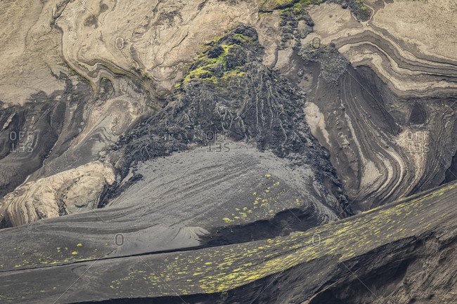 A close up view of the geological abstract patterns on the volcanic island of Surtsey off the coast of Iceland