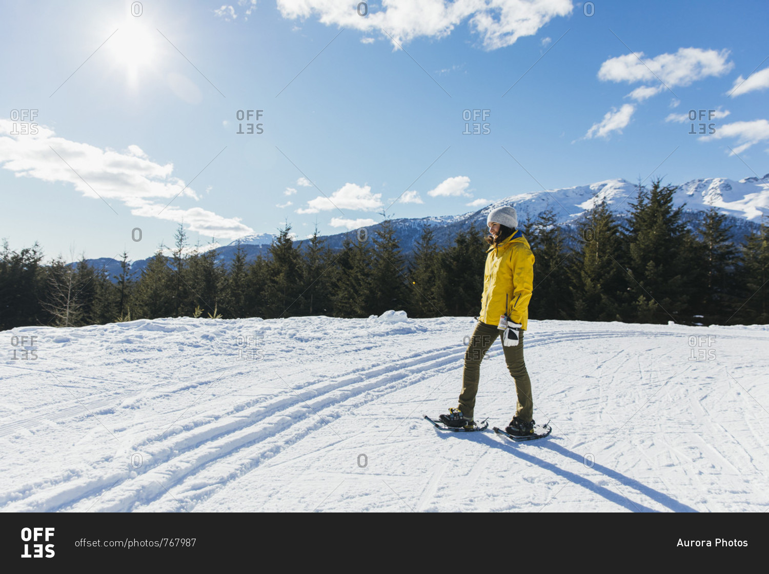 Full length shot of woman snowshoeing in natural setting in winter, Whistler, British Columbia, Canada