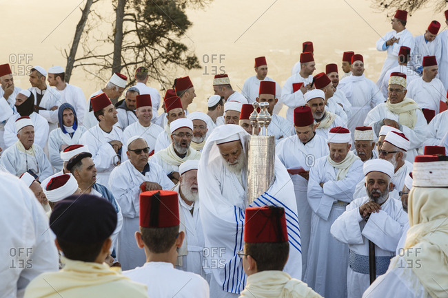 Nablus, Israel - October 4, 2017: Group of Samaritans pray at Mount Gerizim during Sukkot holiday