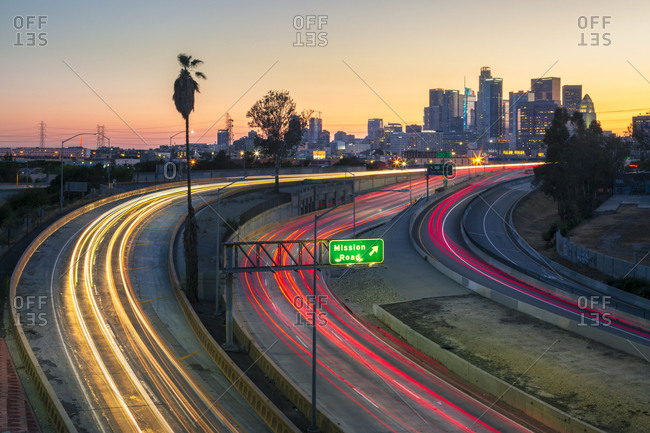 May 27, 2018: View of Downtown skyline and Mission Road at night, Los Angeles, California, United States of America, North America