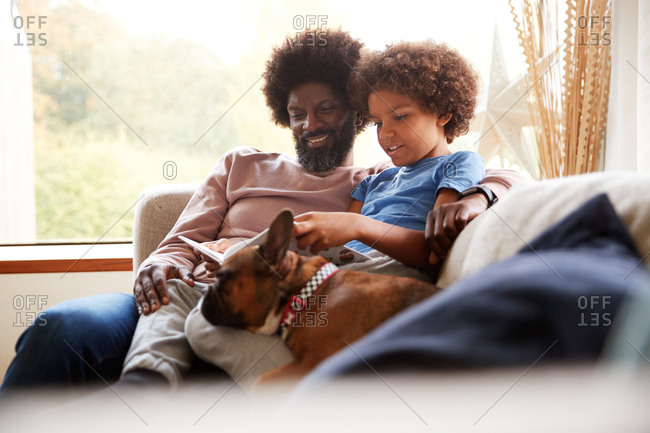 Pre-teen boy and father sitting on a sofa reading a book together with their sleeping pet dog, selective focus