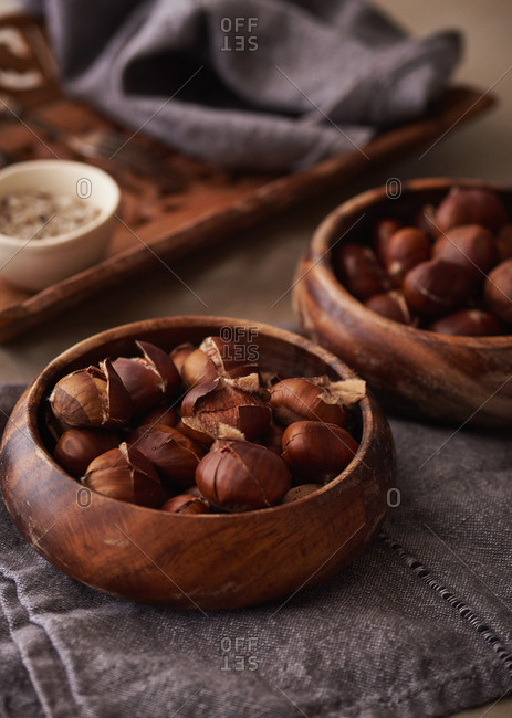 Bowls full of roasted chestnuts