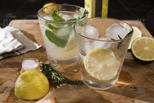 Glasses of Gin Tonic with lime- mint- rosemary and ice and with lemon- rosemary and ice