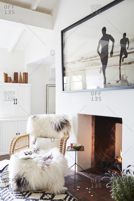 Los Angeles, California, USA - February 27, 2018: Furry chair in a modern designed beach house