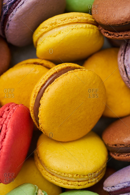 Close-up of brightly colored macarons