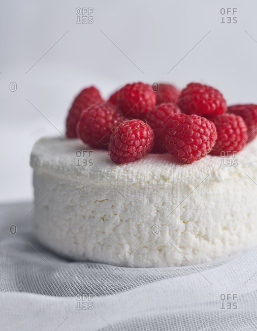 Homemade ricotta cheese topped with fresh raspberries
