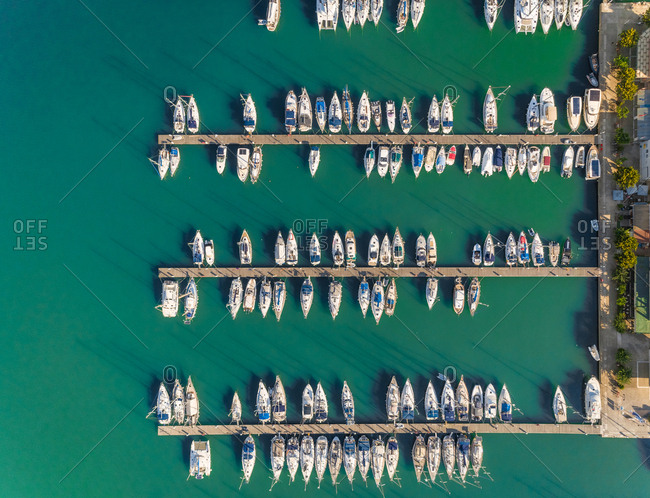 Aerial view of harbor with many private sailing boats in Lefkada ,Greece.