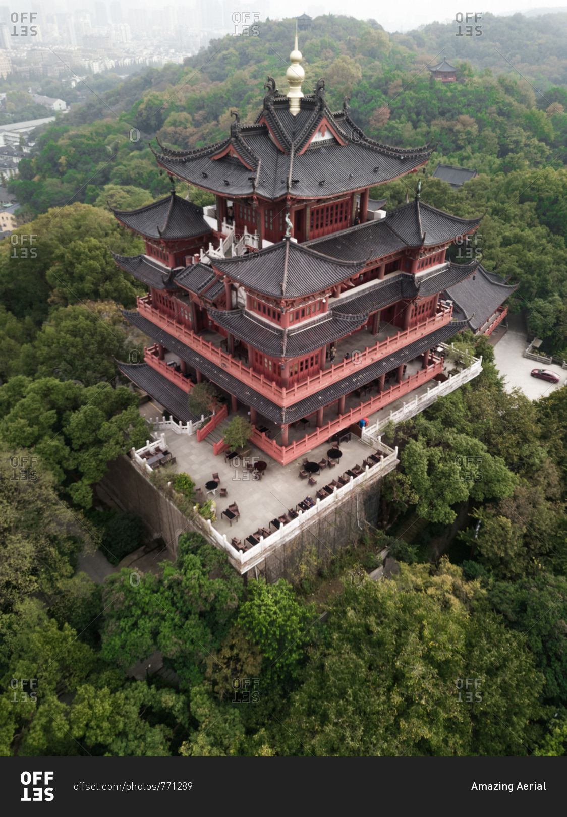 Aerial view of Chenghuang Pagoda in Hangzhou, China. stock photo - OFFSET