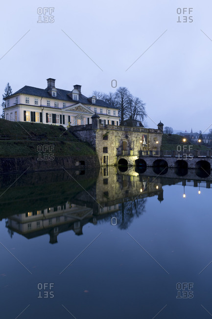 December 1, 2017: Castle moat with ramparts and castle, Bad Pyrmont, Emmertal, Weser Uplands, Lower Saxony, Germany