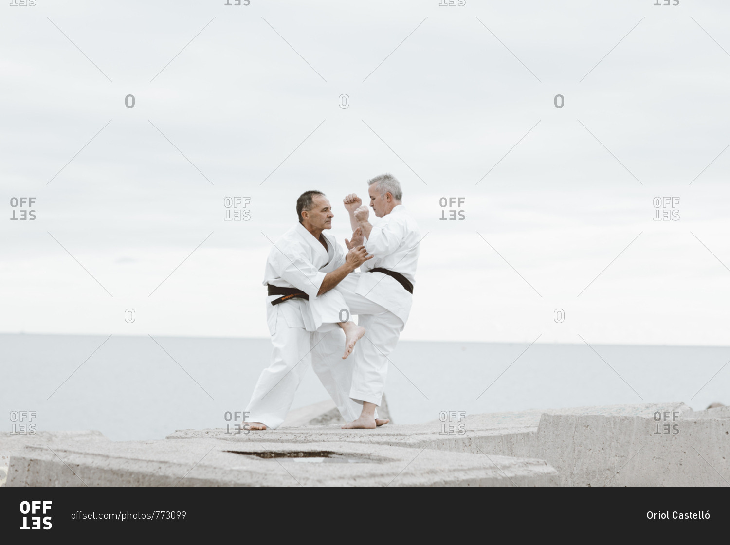 Karate fighters practicing martial arts on rocks by the ocean