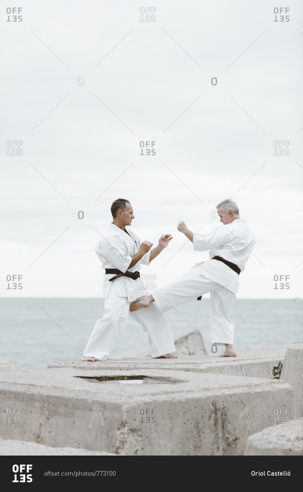 Karate fighters practicing martial arts by the sea