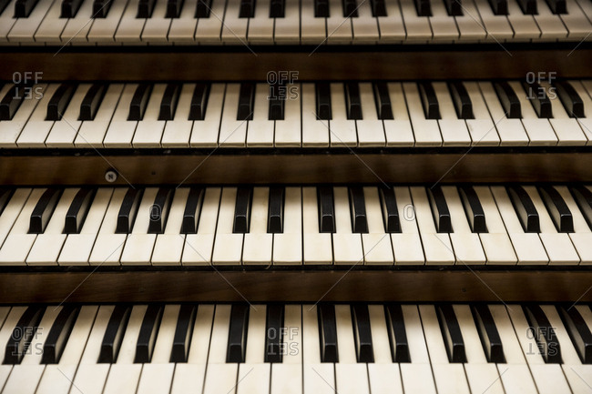 Keyboards on a church organ in Berlin, Germany.