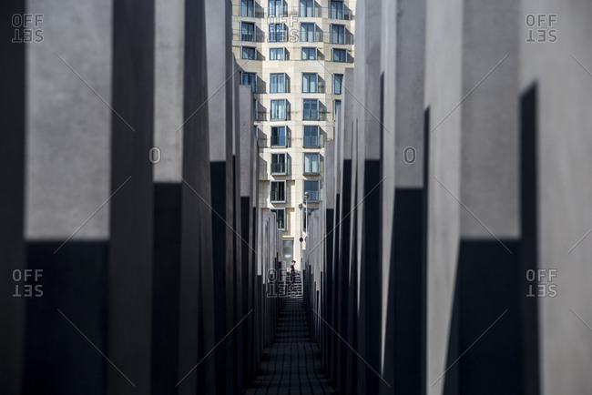Berlin, Germany - April 20, 2018: Shadows at the Memorial to the Murdered Jews of Europe.