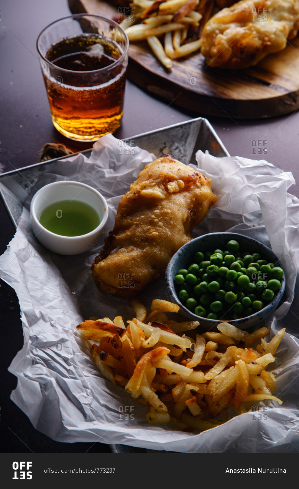 Fish and chips with a glass of beer. British traditional fast food