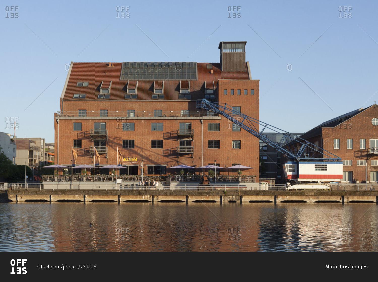 Werhahn mill and the building \'Faktorei 21\', historic industrial architecture at the Innenharbour, Duisburg, Ruhr area, North Rhine-Westphalia, Germany, Europe