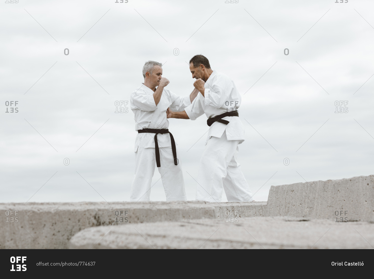 Karate fighters practicing martial arts in the sea stock\
photo - OFFSET