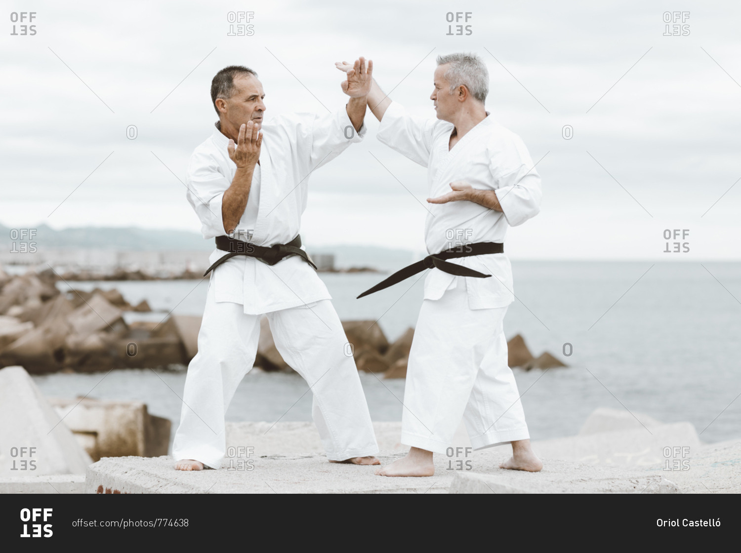 Karate fighters practicing martial arts in the sea