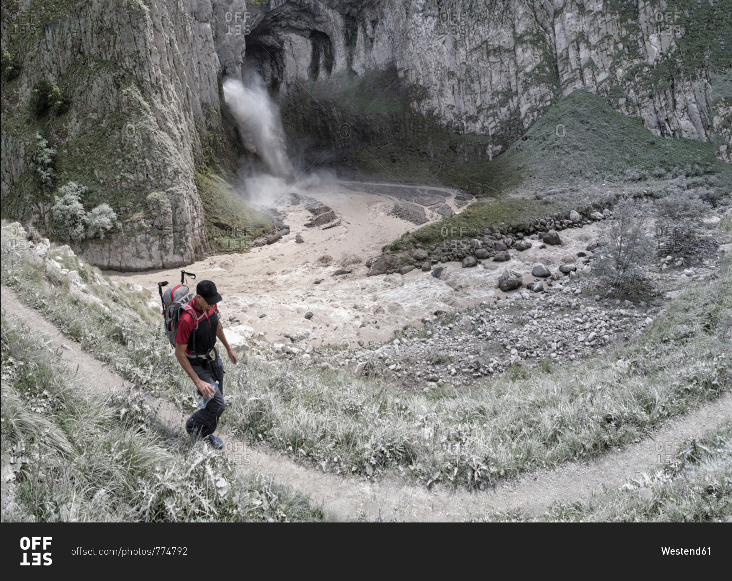 Russia- Caucasus- Mountaineer hiking in Upper Baksan Valley