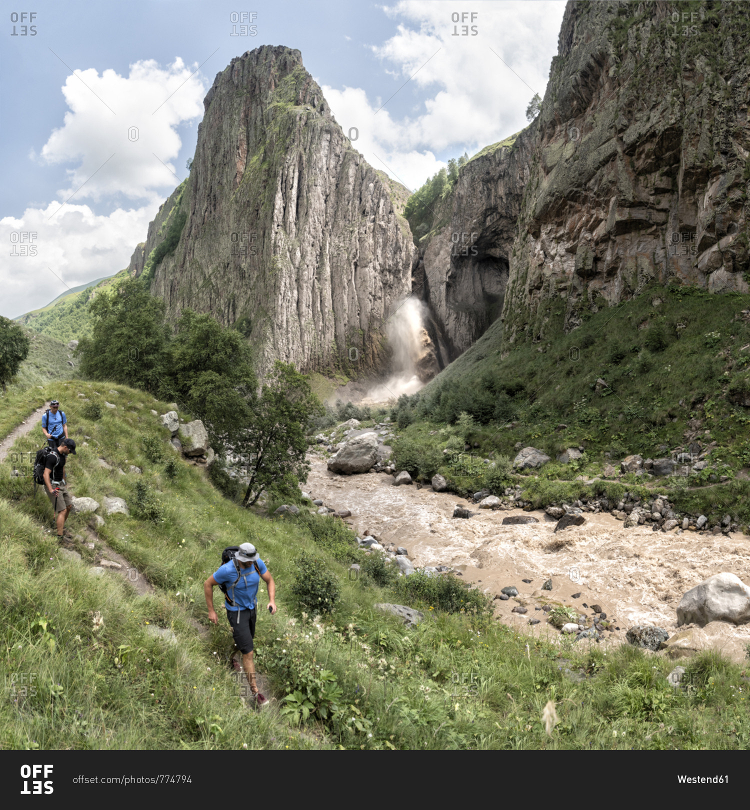 Russia- Caucasus- Mountaineers hiking in Upper Baksan Valley